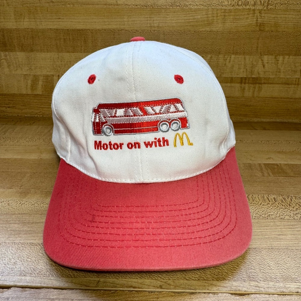 Vintage McDonalds Motor On With M Bus Snapback Hat White Red KC Promo Cap 90s